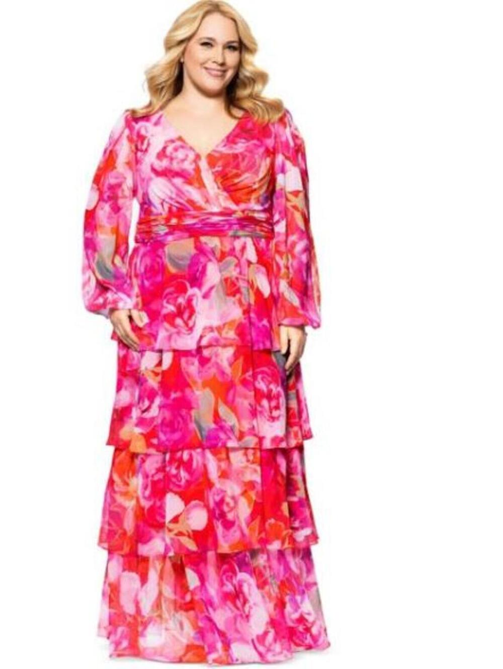xscape Plus "Norene" Print Chiffon Long Sleeve Ruffle Floor Length Dress